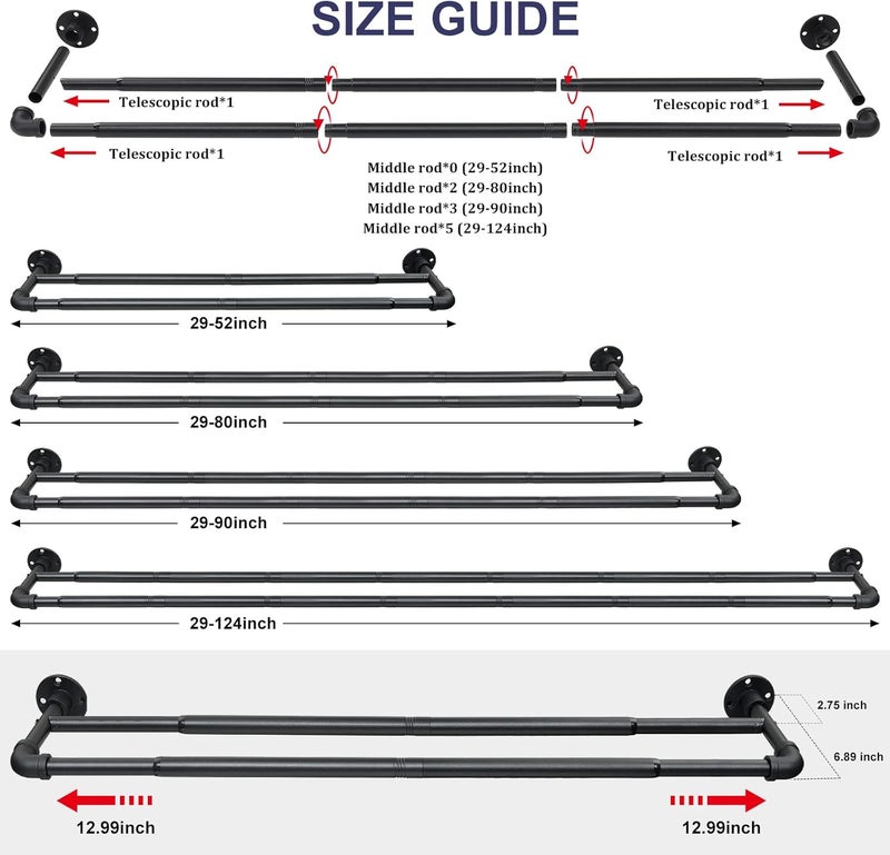 Keplrend Double Curtain Rod - Heavy Duty Blackout Double Curtain Rods for Windows 66 to 120 inch, Industrial Wrap Around Curtain Rod Black for Sliding Door, for Sheer Curtains & Drapes, Telescoping Adjustable - Image 4